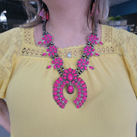 Western Fuschia Stone Squash Blossom Necklace