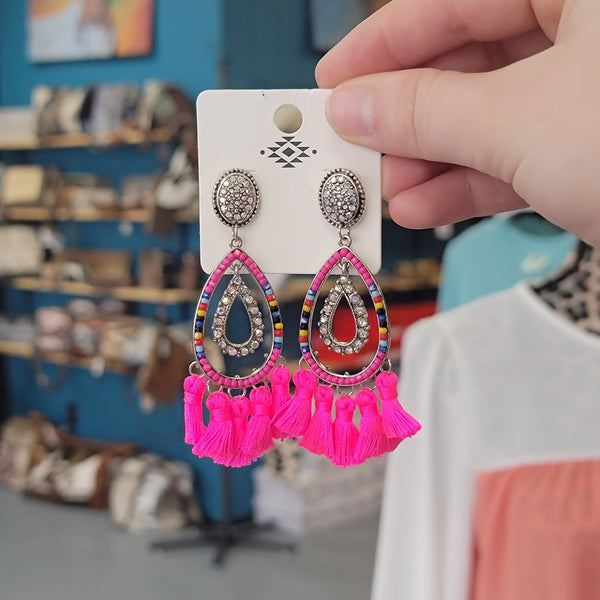 hot pink Seed Bead Teardrop Tassel Earrings