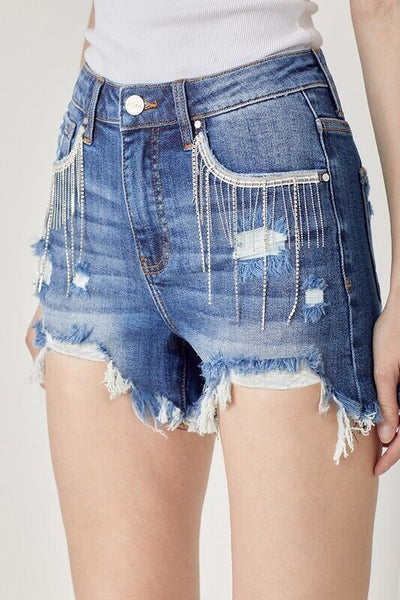 Rhinestone cowgirl~ dark wash rhinestone fringe shorts